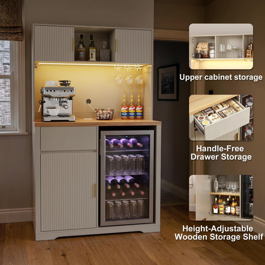 GDLF 72" Tall Coffee Bar Cabinet with Fridge Space, Fluted Liquor Home Bar