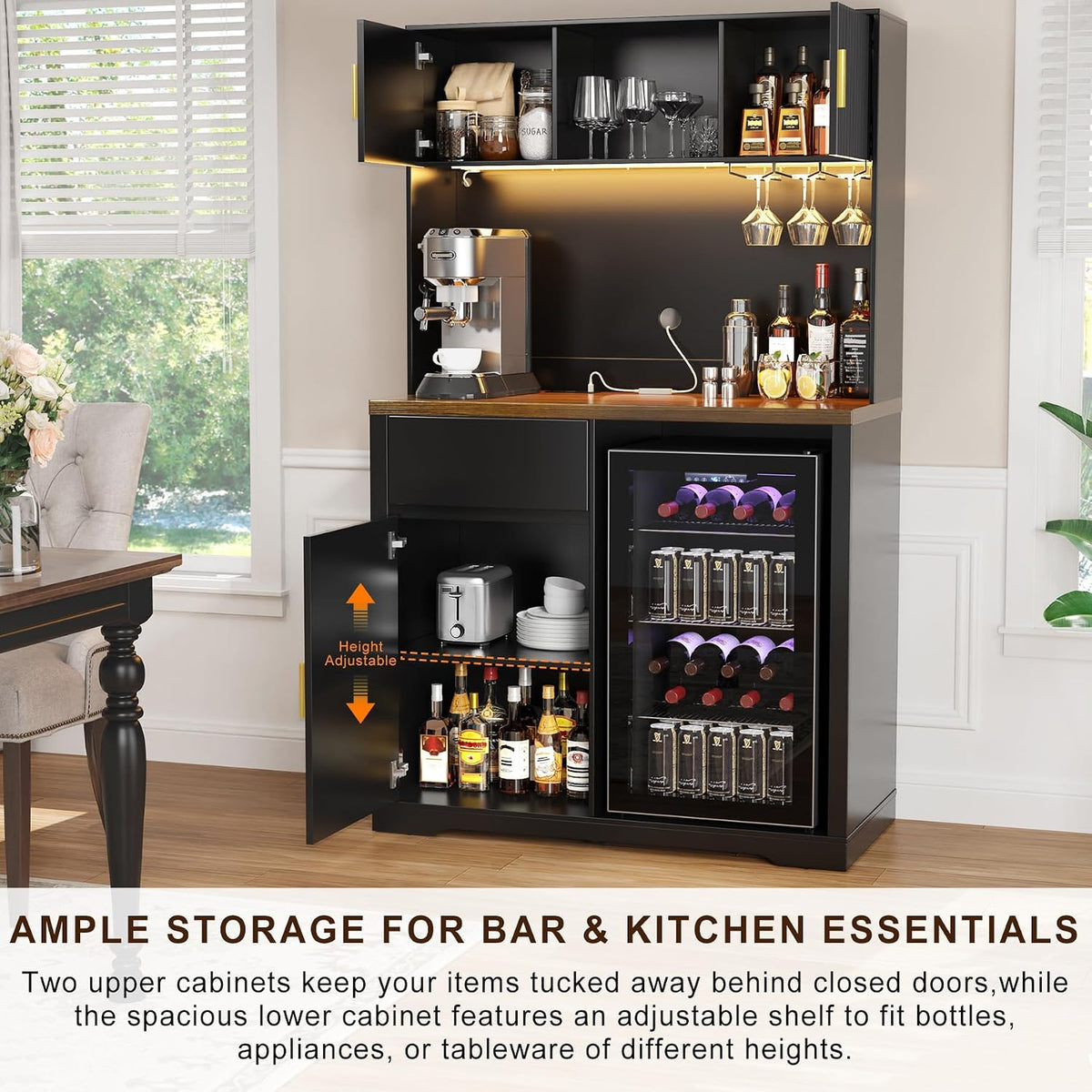 GDLF 72" Tall Coffee Bar Cabinet with Fridge Space, Fluted Liquor Home Bar