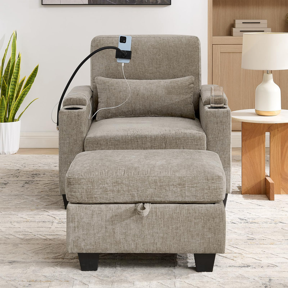 Oversized Chaise Lounge Chair Indoor, Single Convertible Recliner Reading Arm Sofa Chair W/Adjustable Backrest & Charging Port Couch Bed for Living Room, Home Theater & Bedroom, Brown