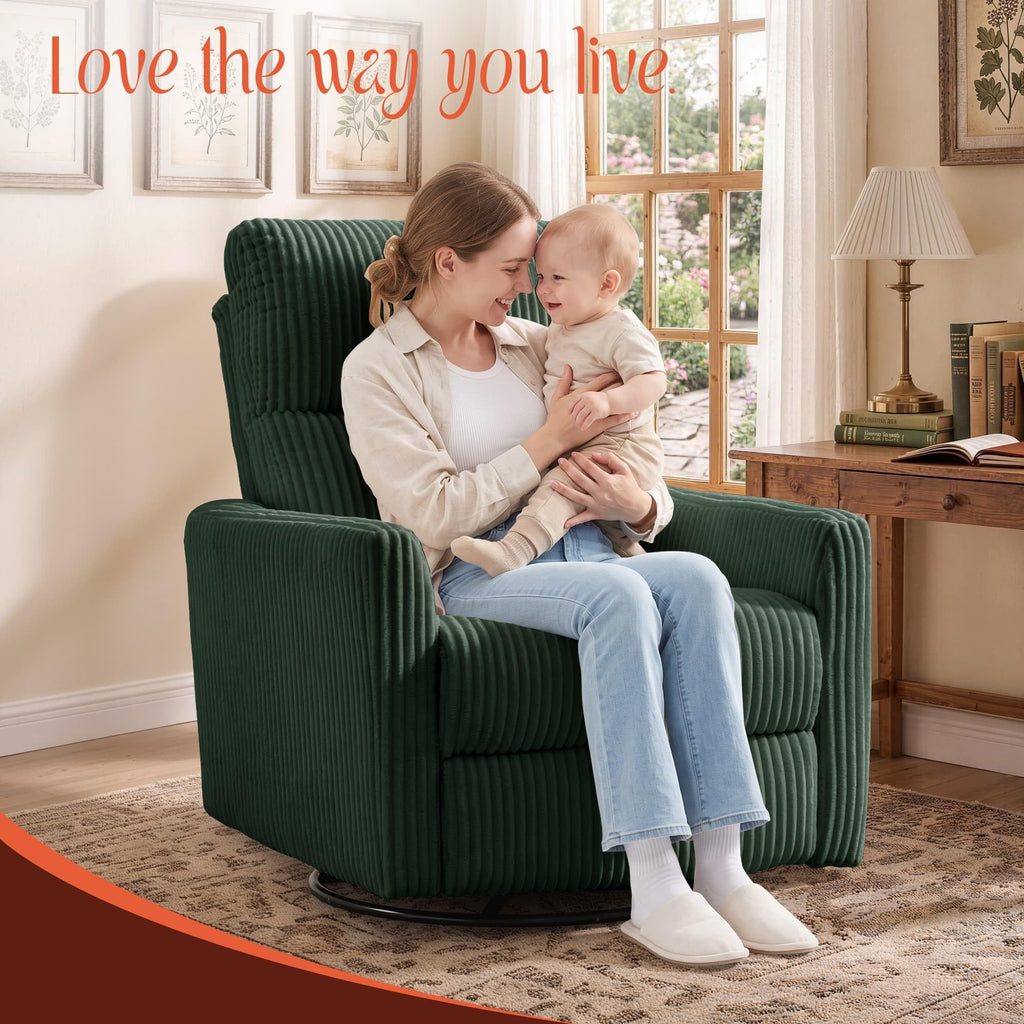 Korser 360Â° Swivel Glider Rocker Manual Recliner, High Back Corduroy Recliner with Curved Armrests, Beige Nursery Rocking Reclining Chair for Living Room Bedroom Adults