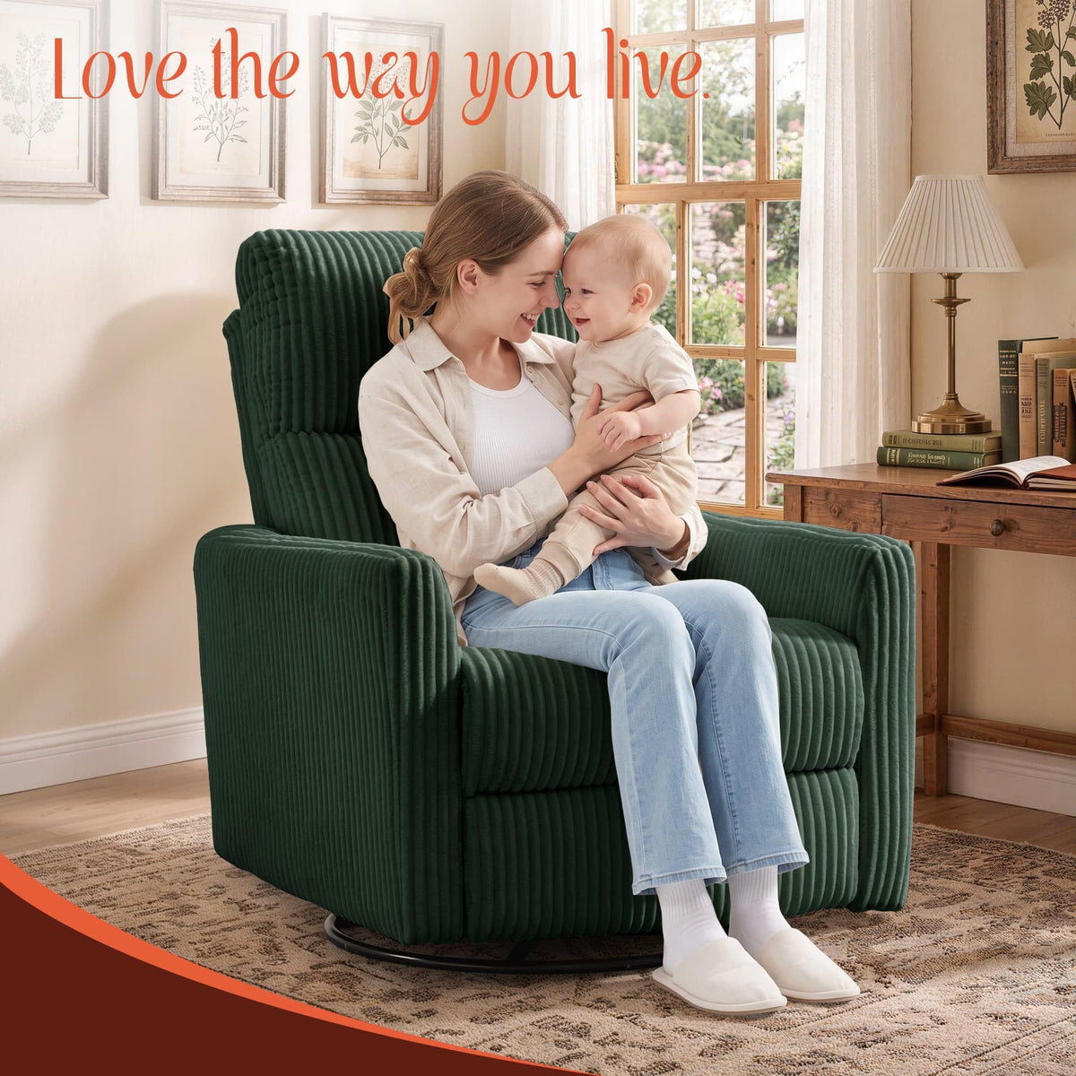 Korser 360Â° Swivel Glider Rocker Manual Recliner, High Back Corduroy Recliner with Curved Armrests, Beige Nursery Rocking Reclining Chair for Living Room Bedroom Adults