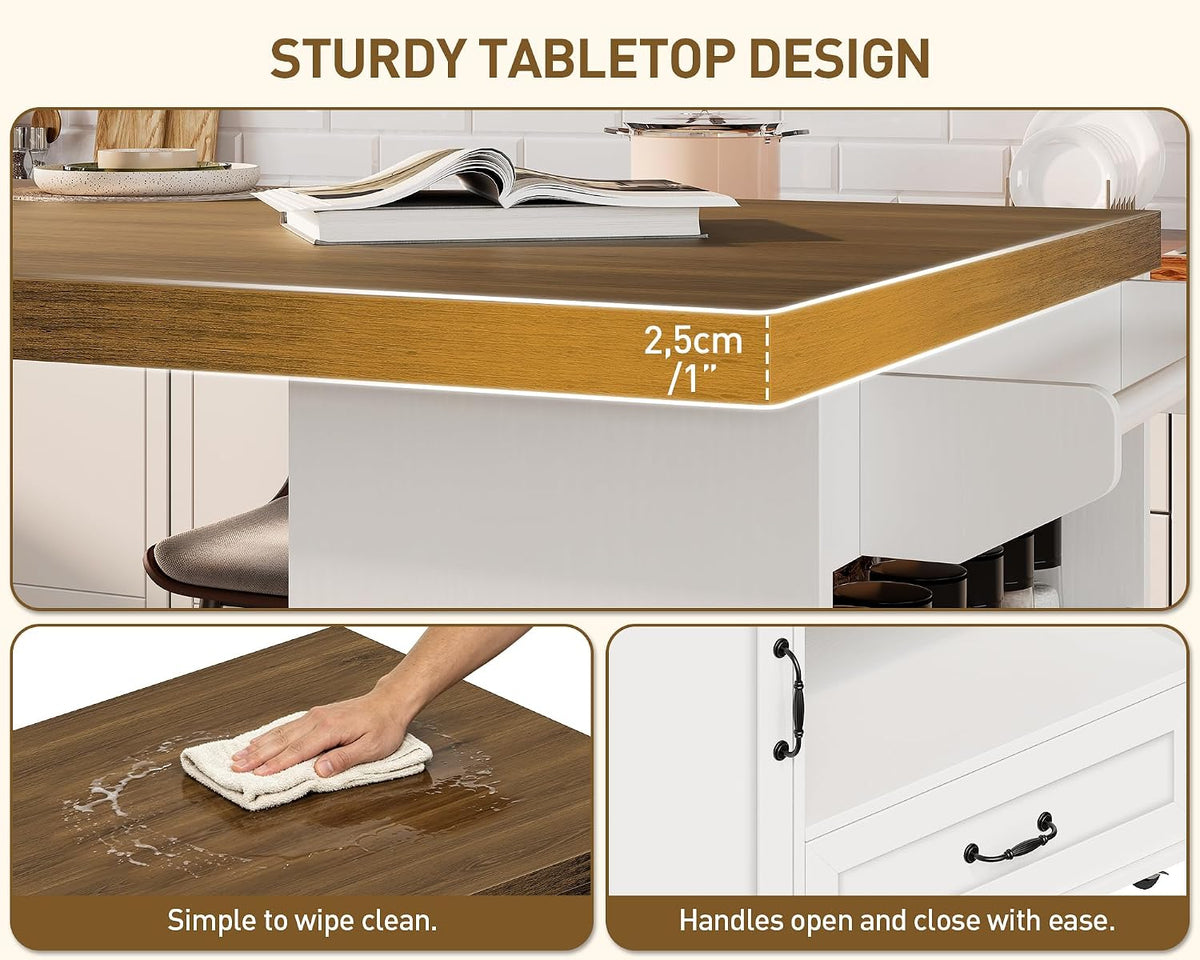 RALGEND Rolling Kitchen Island with 360Â° Swivel Tabletop, Large Kitchen Island Table with Power Outlet, Mobile Kitchen Island Cart with Storage Cabinets for Kitchen & Office, White and Walnut