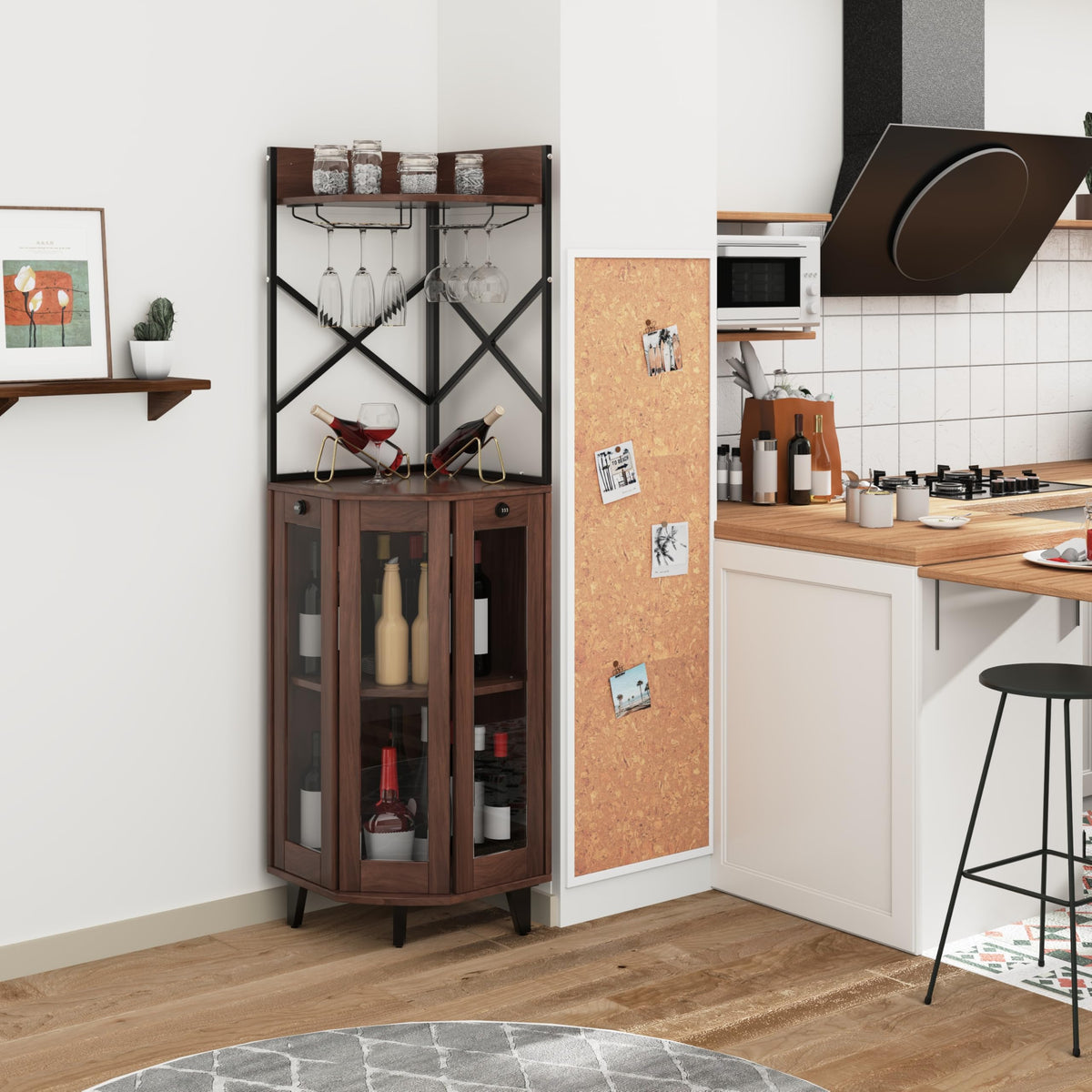 COCO DESIGN All Black Corner Wine Cabinet, Lockable Glass Door with Light