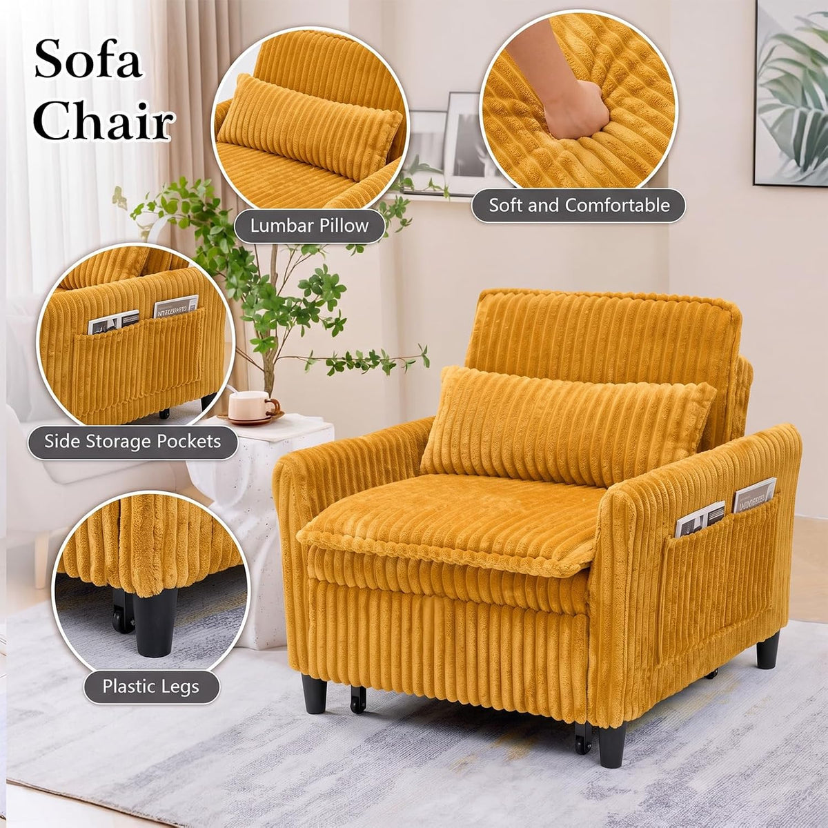 32" Convertible Sofa Chair Bed, 3âinâ1 Pullâout Sleeper Chair with Corduroy Fabric, Adjustable Backrest & Side Storage Pockets, SpaceâSaving Design for Living Room, Apartment, Bedroom (Yellow)