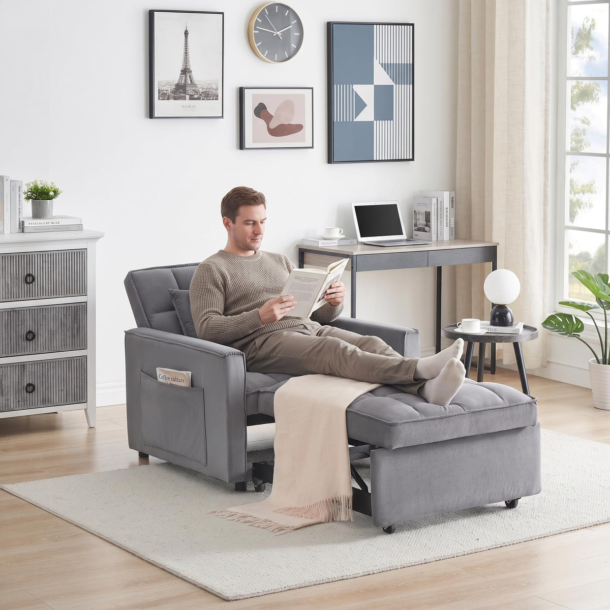 Convertible Sleeper Chair, Pull Out Sofa Bed with Adjustable Backrest & Hidden Storage Armrest, Single Sofa Recliner with USB Charging Port & Cup Holders for Living Room, Bedroom, Dark Gray