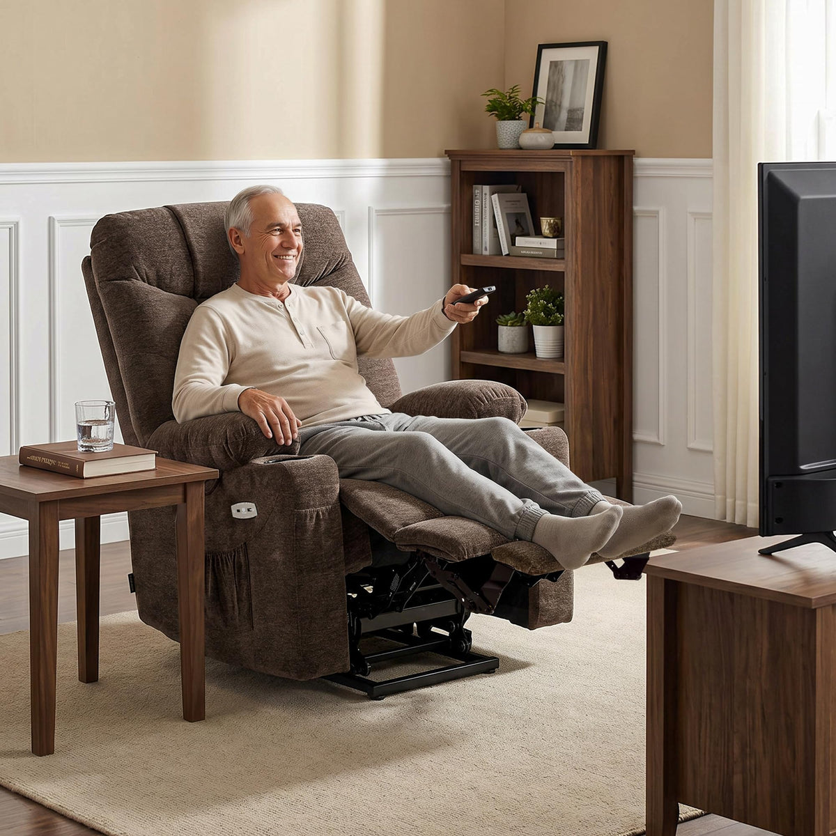 MCombo Power Lift Recliner for Elderly, Fabric 7287 (Light Grey, Medium)