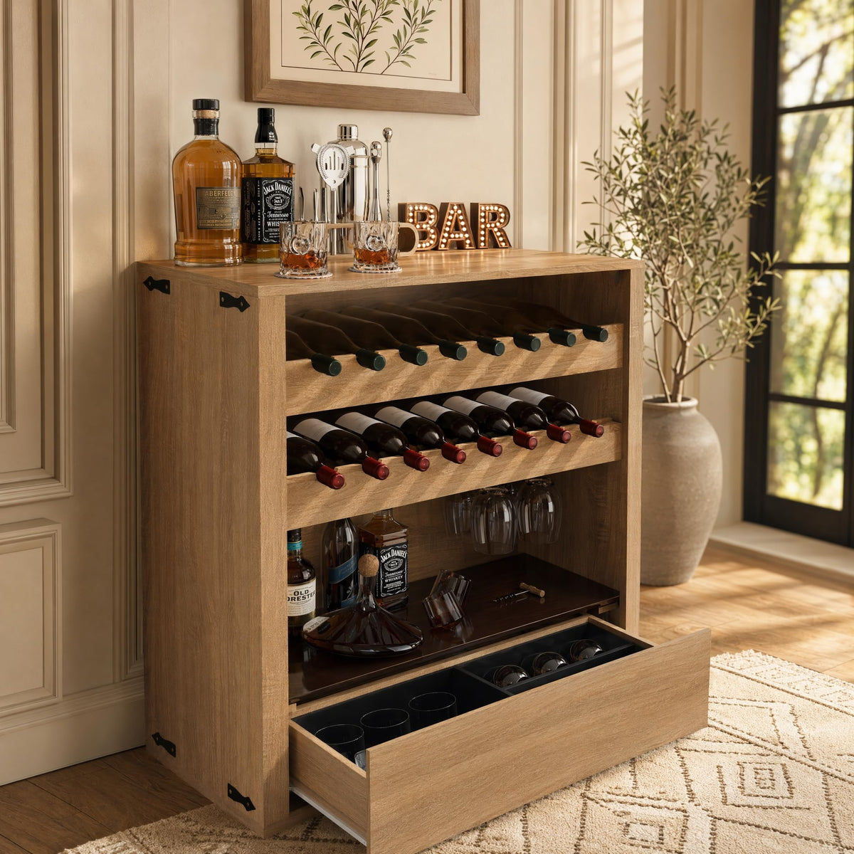 Liquor Cabinet with Wine Rack & Stemmed Holder & Drawer, Walnut