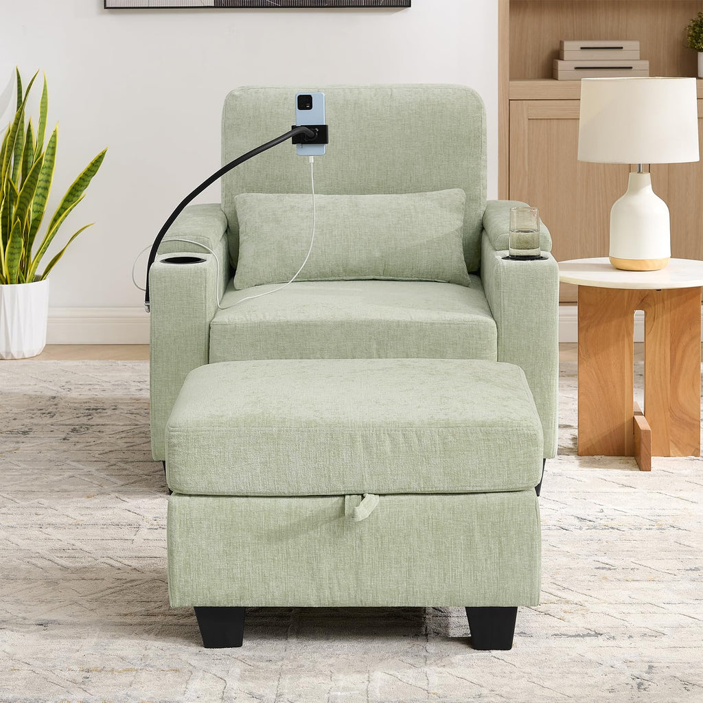 Oversized Chaise Lounge Chair Indoor, Single Convertible Recliner Reading Arm Sofa Chair W/Adjustable Backrest & Charging Port Couch Bed for Living Room, Home Theater & Bedroom, Brown