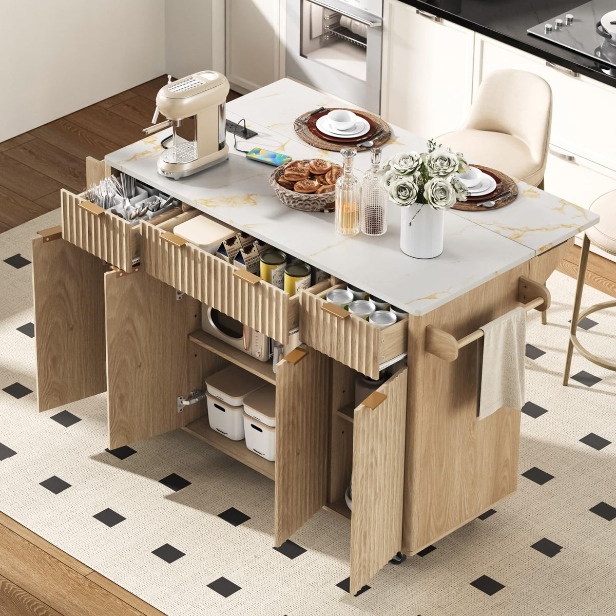 Large Fluted Kitchen Island Cart on Wheels with Storage, Natural