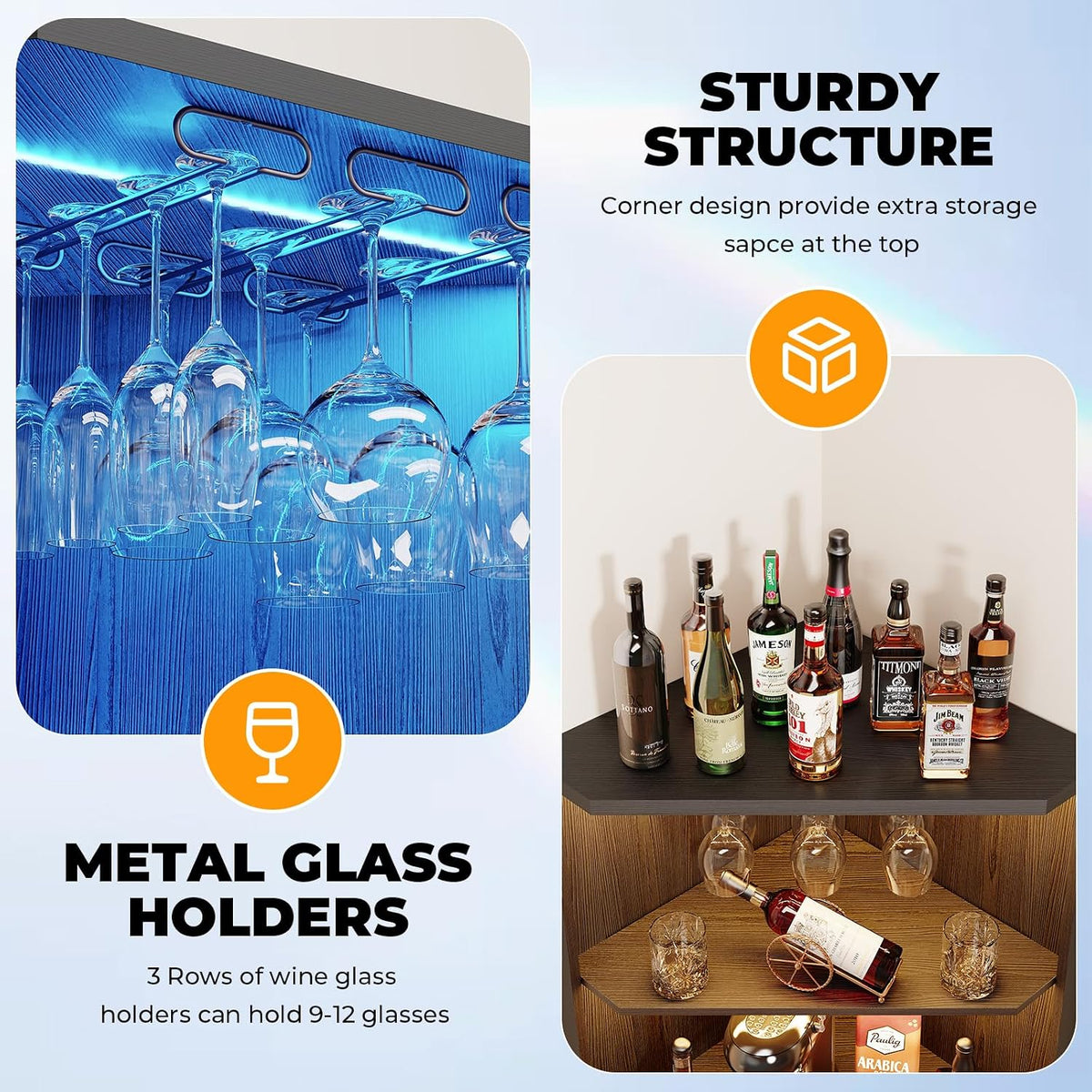 65" Tall Corner Bar Cabinet with LED Lights & Glass Holder
