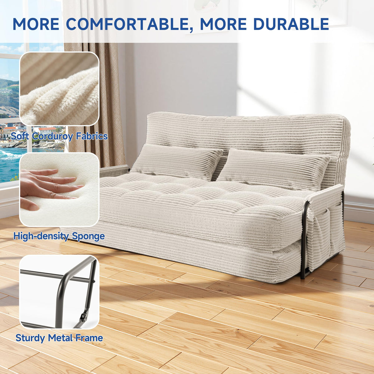 3-in-1 Folding Sofa Bed,Convertible Sleeper Chair with Armrests & Adjustable Backrest,Corduroy Futon Couch Floor Sofa Lounge with Pillow for Living Room Bedroom,Double,Dark Gray