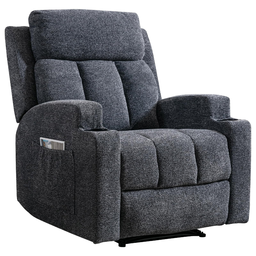CANMOV Manual Recliner Chair with Massage and Heat, Soft Fabric Recliner Chair with Overstuffed Arm and Back, Manual Reclining Single Sofa with 2 Cup Holders, Side Pocket for Living Room, Dark Grey