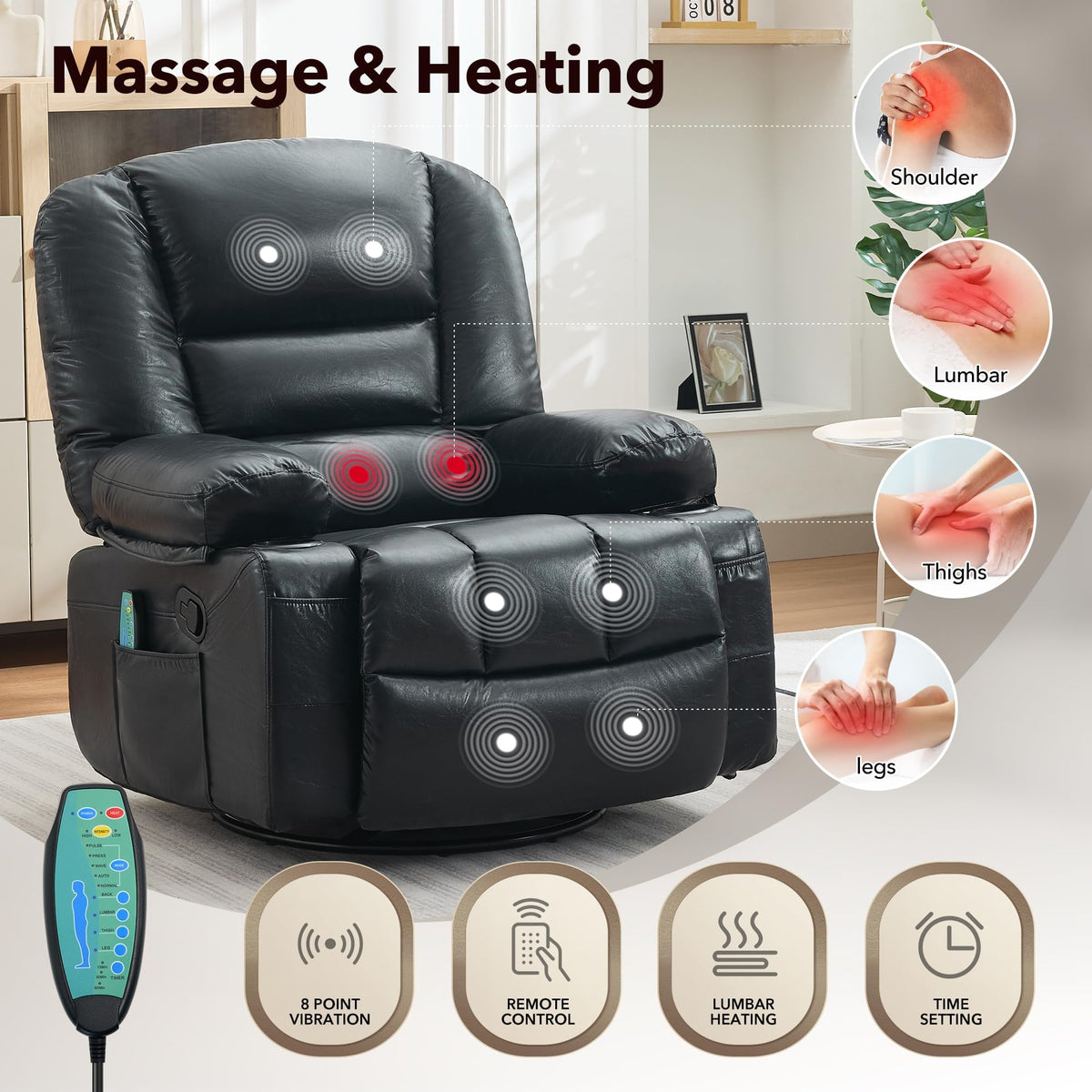 Garvee Oversized Recliner Chair,Extra Wide 360Â° Swivel Rocker Massage Heat