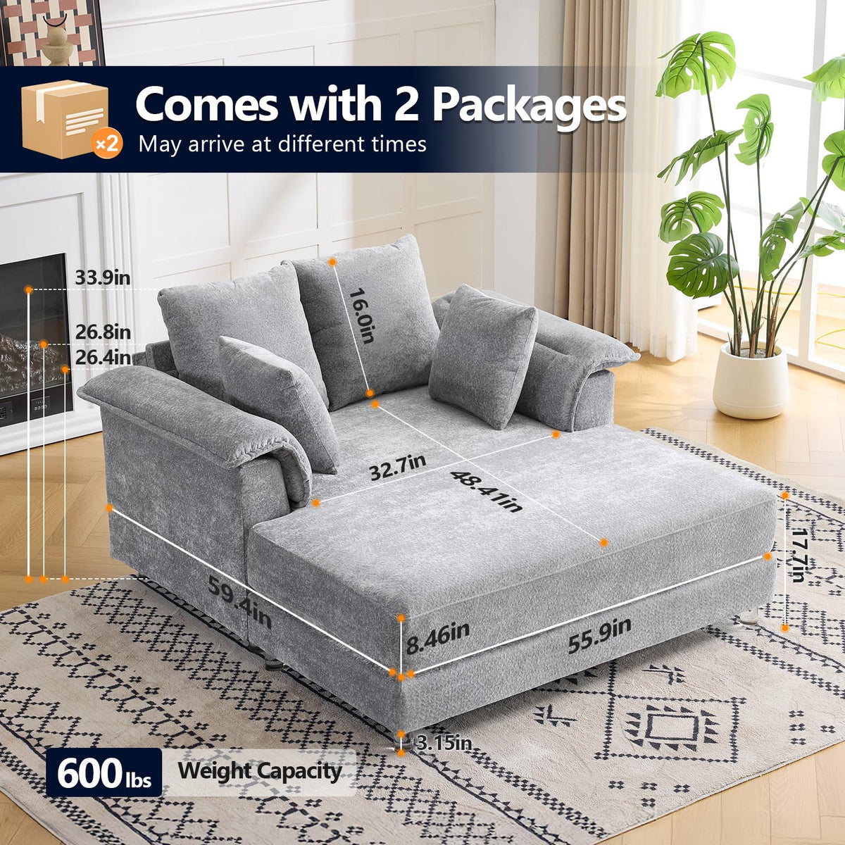 VINGLI 56" Wide Oversized Chaise Lounge Chair with Plush Padded Armrests
