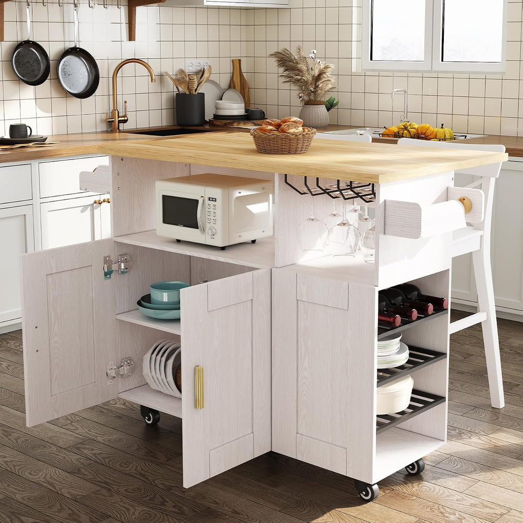 ASTRONAPE Rolling Kitchen Island Cart with Storage, Mobile Kitchen Island with Power Outlet, Large Wood Top, Drawers & Cabinets for Dining Room (White, Model 1)