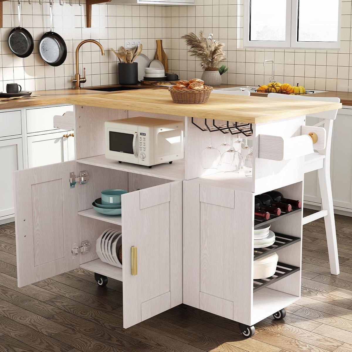 ASTRONAPE Rolling Kitchen Island Cart with Storage, Mobile Kitchen Island with Power Outlet, Large Wood Top, Drawers & Cabinets for Dining Room (White, Model 1)