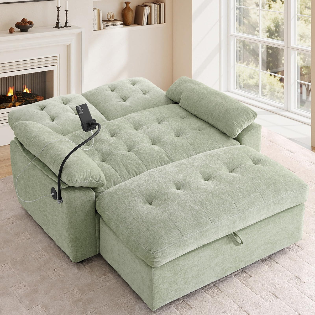 Oversized Chaise Lounge Chair Indoor, Single Convertible Recliner Reading Arm Sofa Chair W/Adjustable Backrest & Charging Port Couch Bed for Living Room, Home Theater & Bedroom, Brown