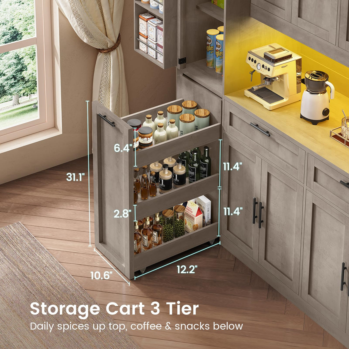 Itaar 71" Kitchen Pantry Cabinet with Charging Station and Led Light, Kitchen Storage Cabinets with Microwave Stand, 59" Wide Pantry Storage Cabinet with Storage Cart 3 Tier for Dining Room, White