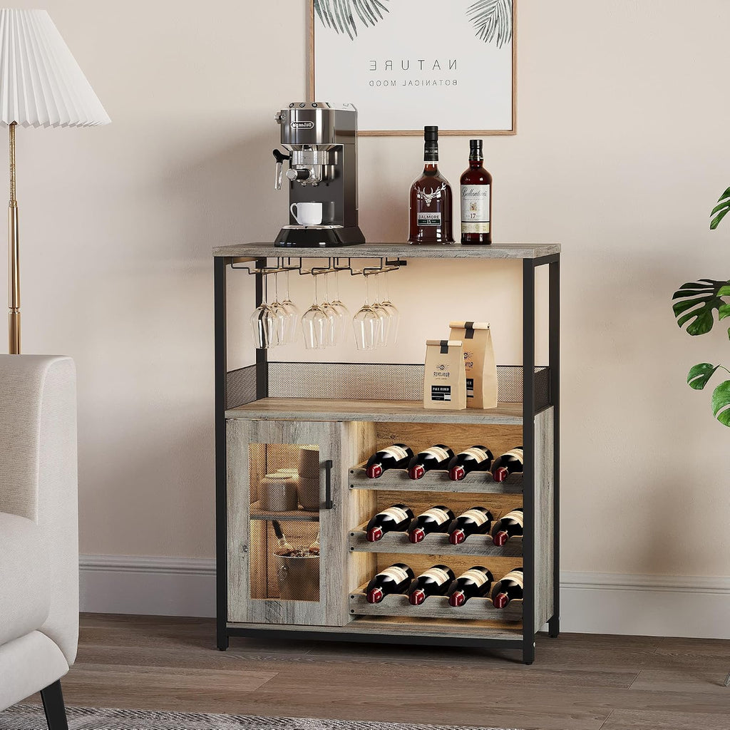 3-Tier Wine Bar Cabinet with Removable Wine Rack, Liquor Storage Cabinet with Glass Holder & Mesh Door, Coffee Bar Sideboard Buffet for Living Room or Dining Room, Gray
