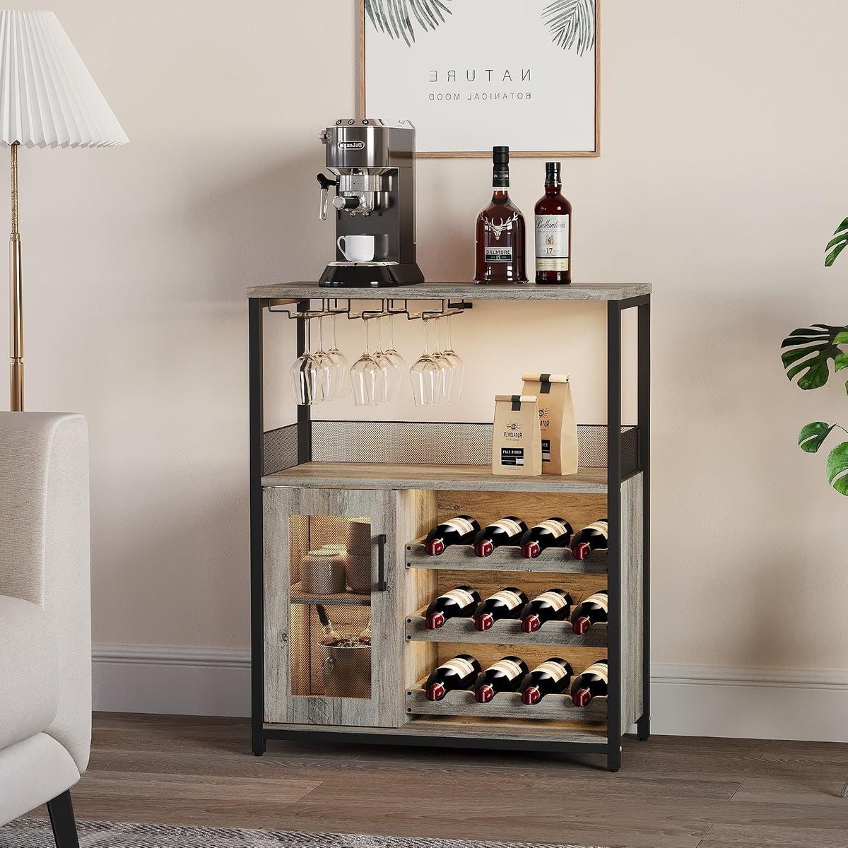 3-Tier Wine Bar Cabinet with Removable Wine Rack, Liquor Storage Cabinet with Glass Holder & Mesh Door, Coffee Bar Sideboard Buffet for Living Room or Dining Room, Gray