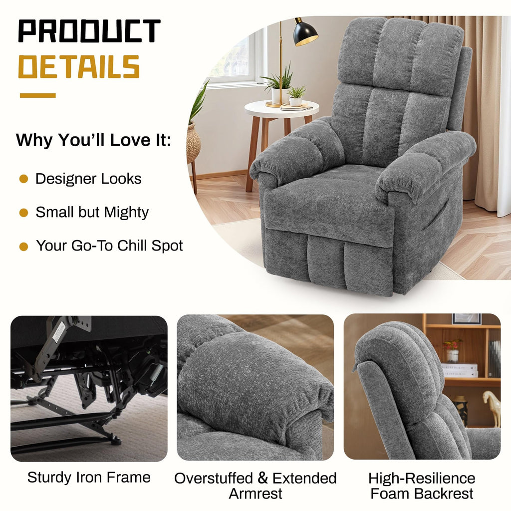 Korser Recliner Chair, Living Room Recliner Chairs for Adults, Small Recliners for Small Spaces, Upholstered Manual Recliner with Side Pockets, Comfy Nursery Chair for Living Room, Chenille, Beige