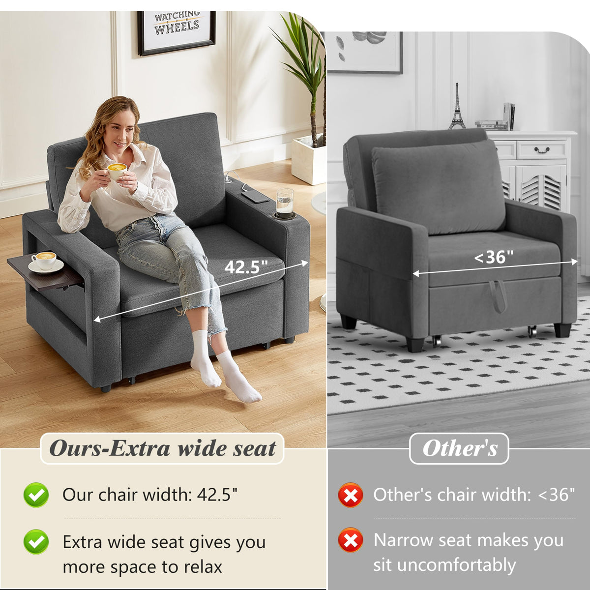WEUP 3-in-1 Sleeper Sofa Chair Bed, 42.5" W Convertible Sleeper Chair with Pull Out Bed, USB Charging Ports & Wing Table, Cup Holder, Adjustable Backrest, Side Pockets (Premium, Beige)
