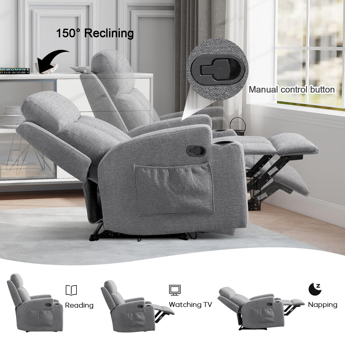 CANMOV Manual Recliner Chair with Massage and Heat, Soft Fabric Recliner Chair with Overstuffed Arm and Back, Manual Reclining Single Sofa with 2 Cup Holders, Side Pocket for Living Room, Dark Grey