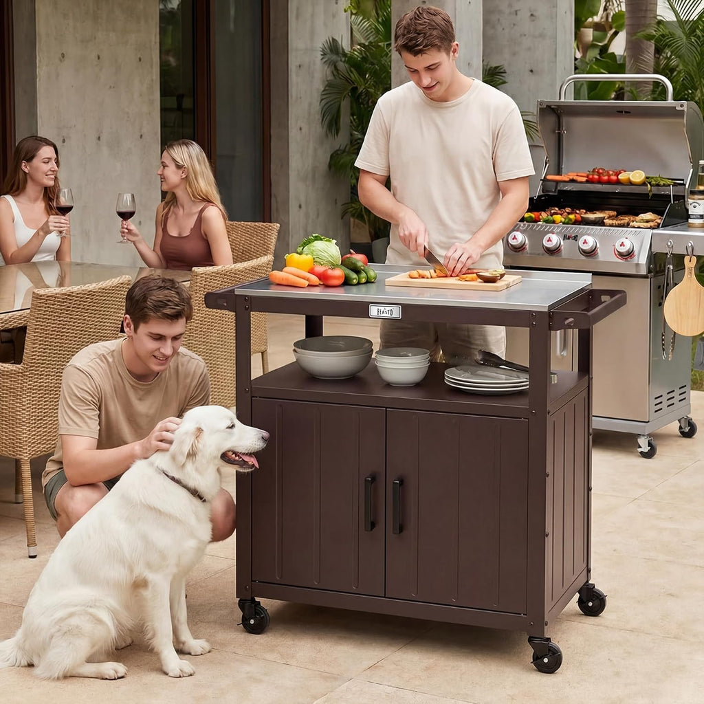 Feasto Outdoor Grill Cart w/Storage Cabinet, Stainless Steel Top, Brown