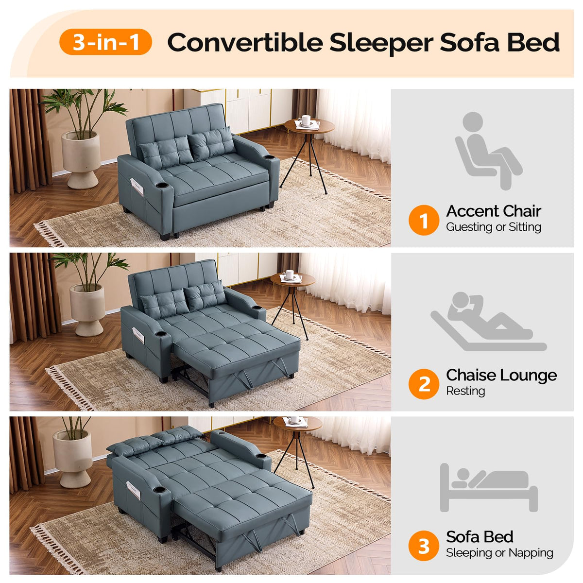 VINGLI Light Grey Futon Sofa Bed Convertible Loveseat Sleeper Couch, Faux Leather Pullout Sofa Fold Out Couch Bed with USB Ports, Cup Holders, Armrest for Living Room, Bedroom Apartment Room