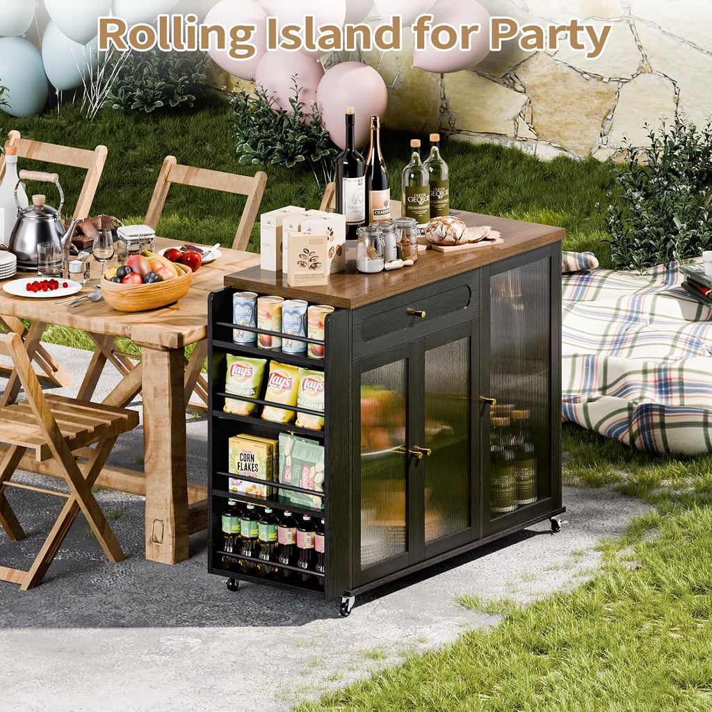 Kitchen Island with Power Outlet - Kitchen Cart on Wheels with Storage Cabinets & Drawers, Rolling Island Table with Spice & Towel Rack, Portable Islands with Large Wood Counter, Dinning Room