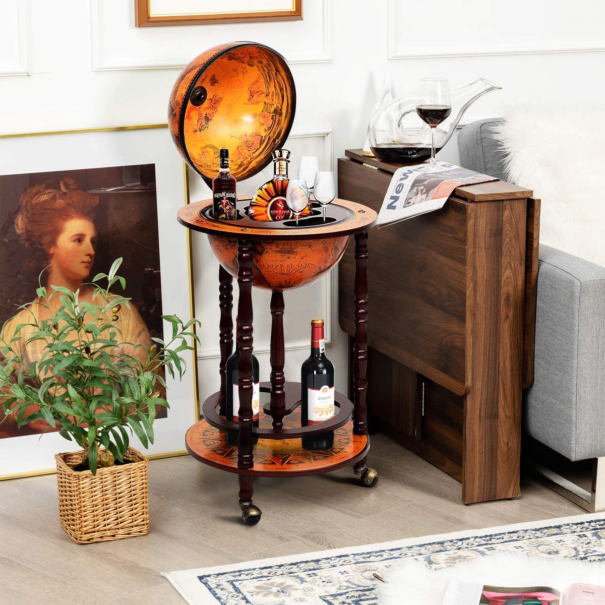 Goplus Globe Bar, 17.5â Globe Bar Liquor Cabinet with Wheels, Bottom Shelf, Old World Map, 16th Century Italian Replica Bar Globe, Retro Wine Stand, Globe Bar Cart for Dining Room Living Room Home