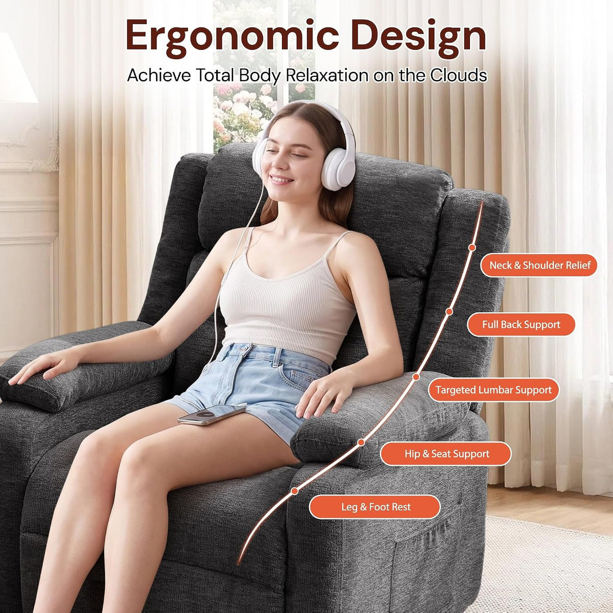 Korser Power Recliner Chair for Adults, Oversized Electric Recliner with Thickened Cushions, Reclining Chair for Bedroom, Living Room Chairs with Side Pockets, Chenille