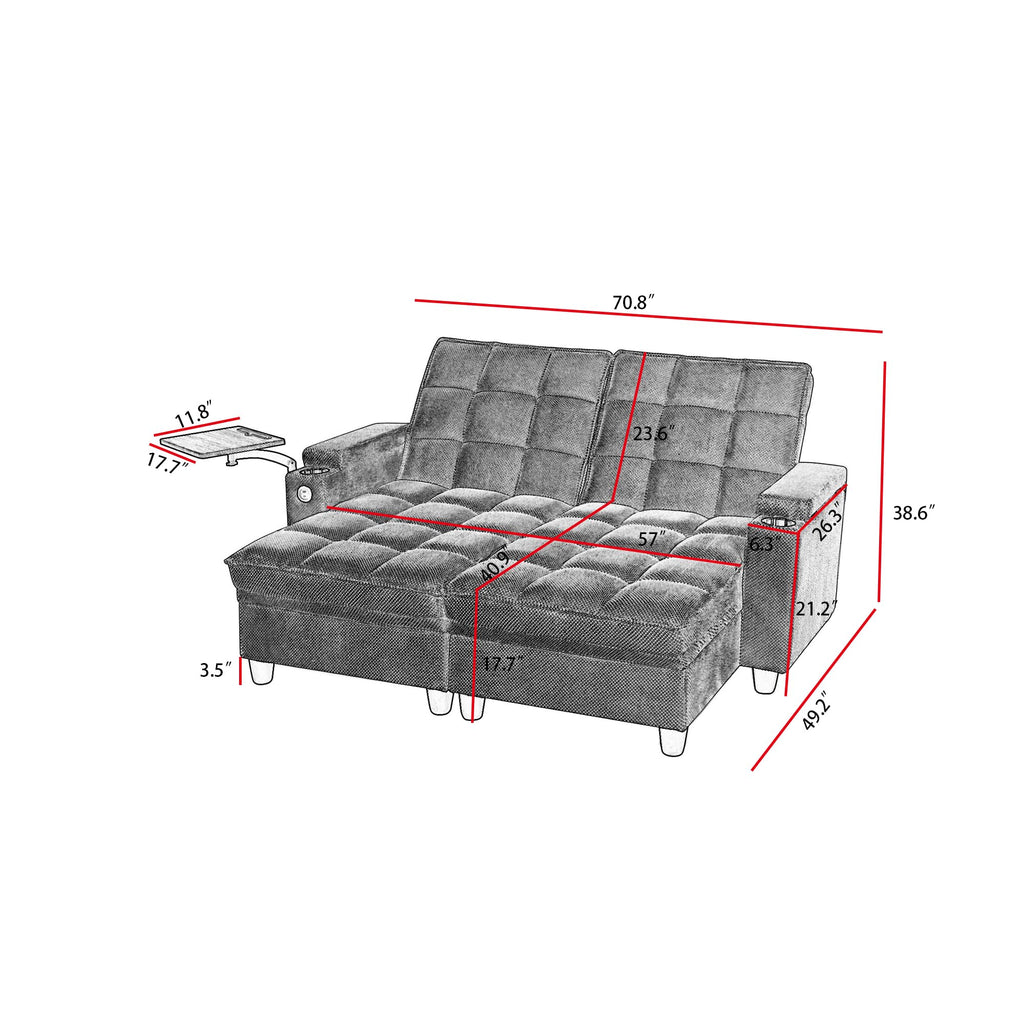 KEIKI 41.7" Convertible Sofa Bed Chair, Adjustable Backrest Recliner Chaise Lounge with USB Ports, Cup Holder, Storage Armrest and Swivel Table, Space Saving Sleeper Sofa for Studio, Dorm
