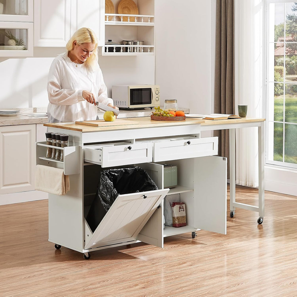 Kitchen Islands with Extendable Dining Table, Mobile Storage Islands, White