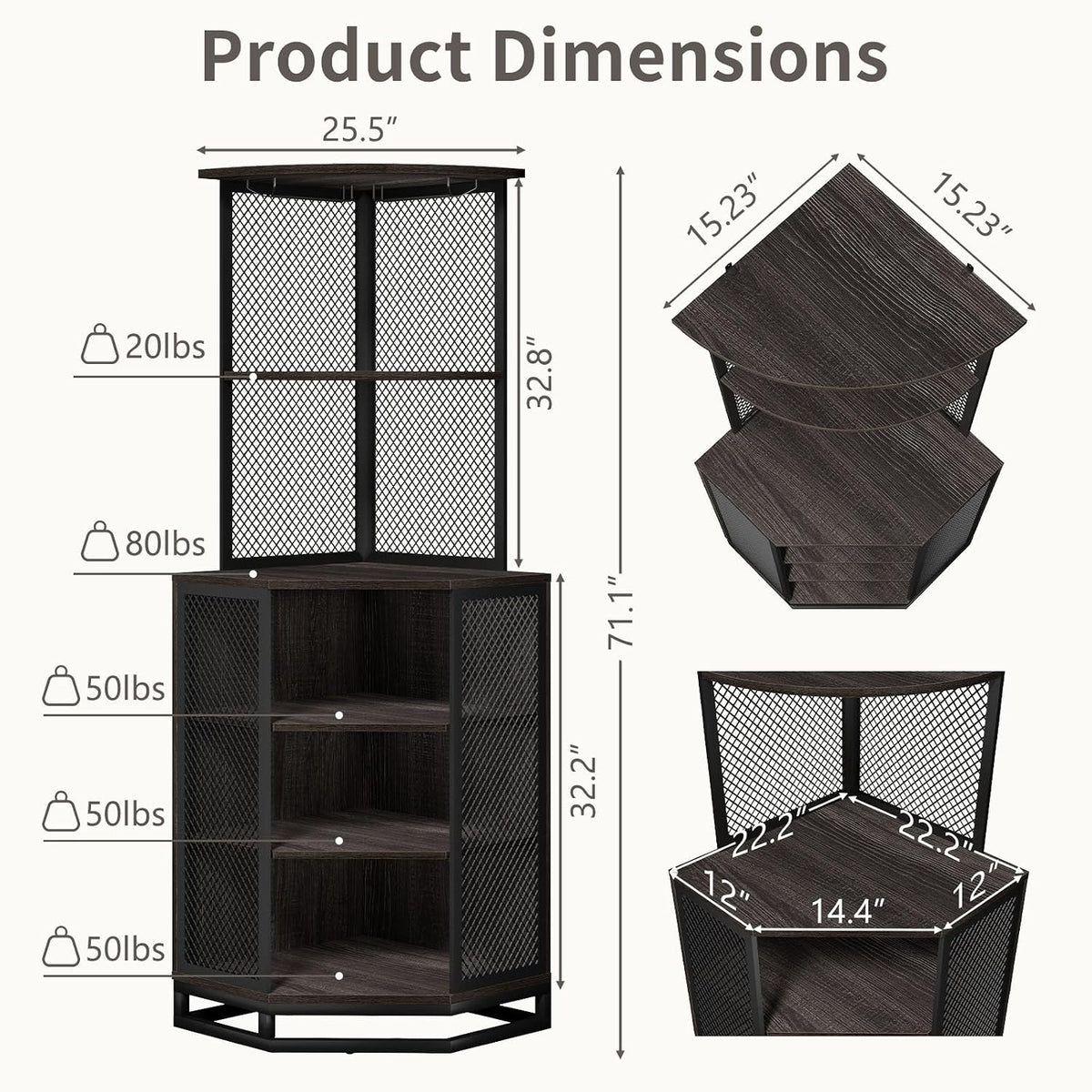 IBF 71 Inch Dark Grey Farmhouse Tall Corner Bar Cabinet with Glass Holder