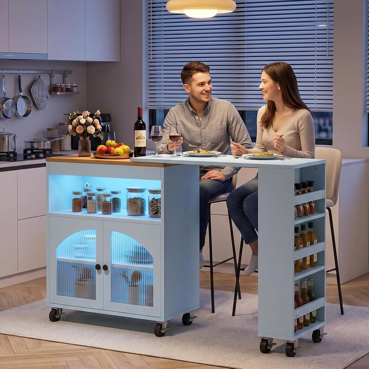 Rolling Kitchen Island with 360Â° Swivel Dining Table 71"-39" Extendable