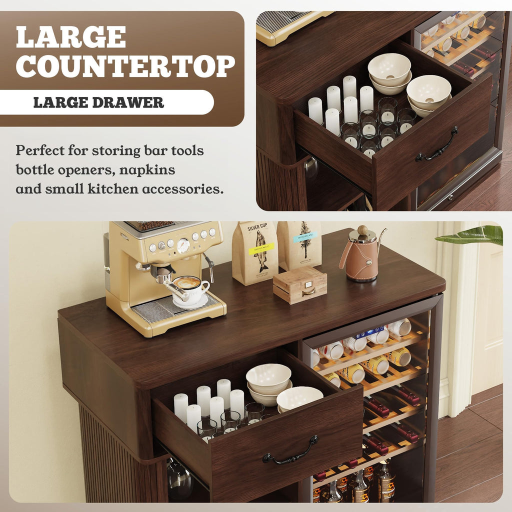 Large Coffee Bar Cabinet with Mini Fridge Space, Liquor Wine Bar Cabinet with Drawer and Glass Holder, Buffet Sideboard Table for Kitchen, Dining Room, Living Room