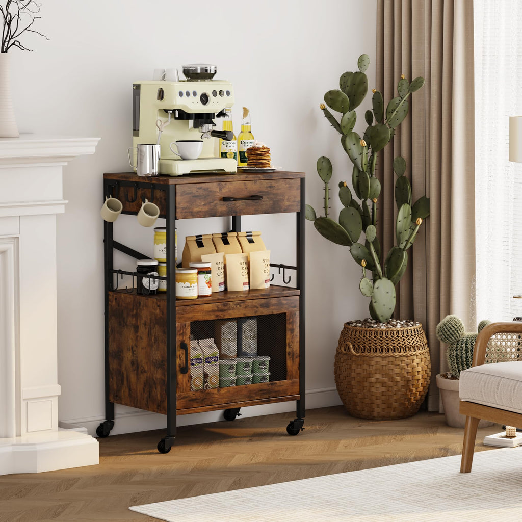 Homeiju Kitchen Island Cart, Kitchen Storage Cart with Drawer, Microwaves Stand, Coffee Cart, Rolling Kitchen Cabinet Cart with Hooks for Kitchen, Dining Room, White