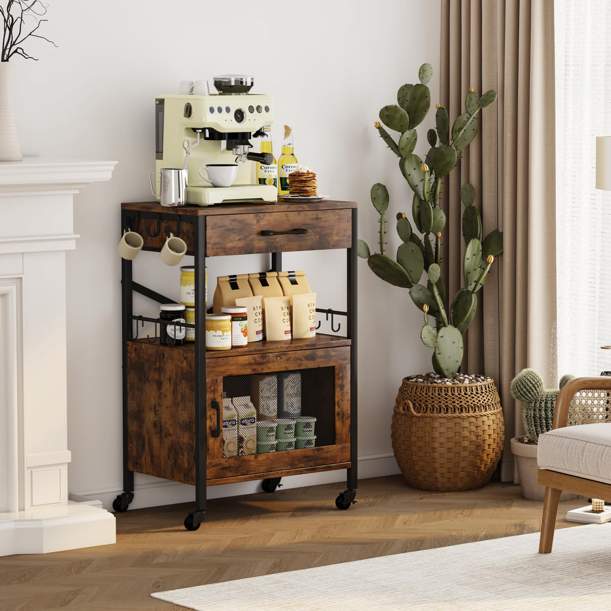 Homeiju Kitchen Island Cart, Kitchen Storage Cart with Drawer, Microwaves Stand, Coffee Cart, Rolling Kitchen Cabinet Cart with Hooks for Kitchen, Dining Room, White