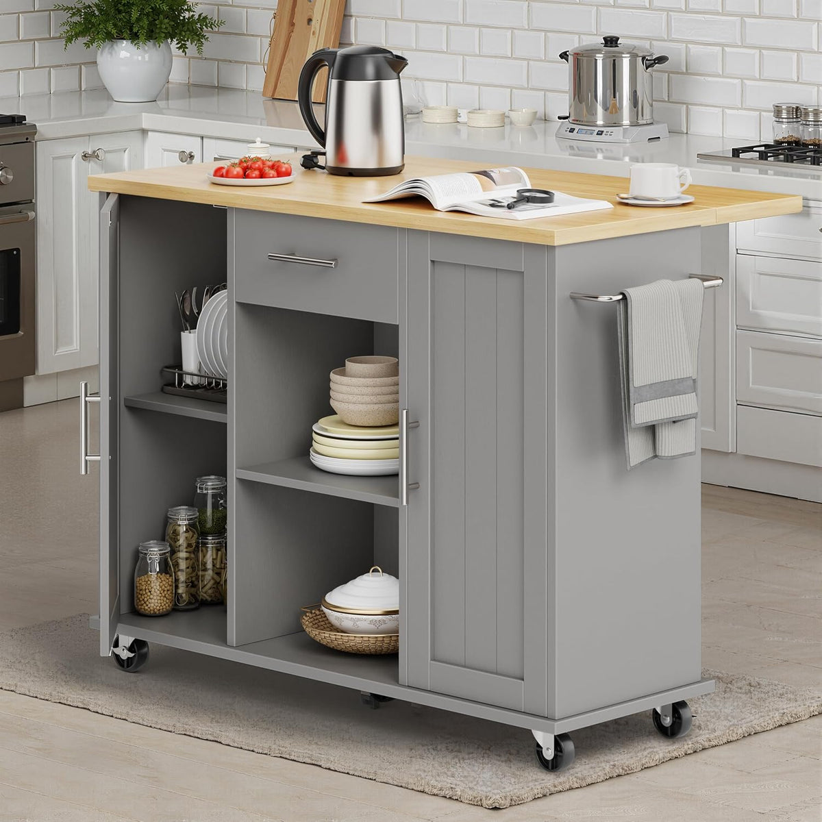 SUNLEI Rolling Kitchen Island Cart with Wheels, Island Table for Kitchen, Farmhouse Kitchen Cart with Drop Leaf & Towel Rack & Drawer, Kitchen Islands Table with Storage Cabinet, Grey