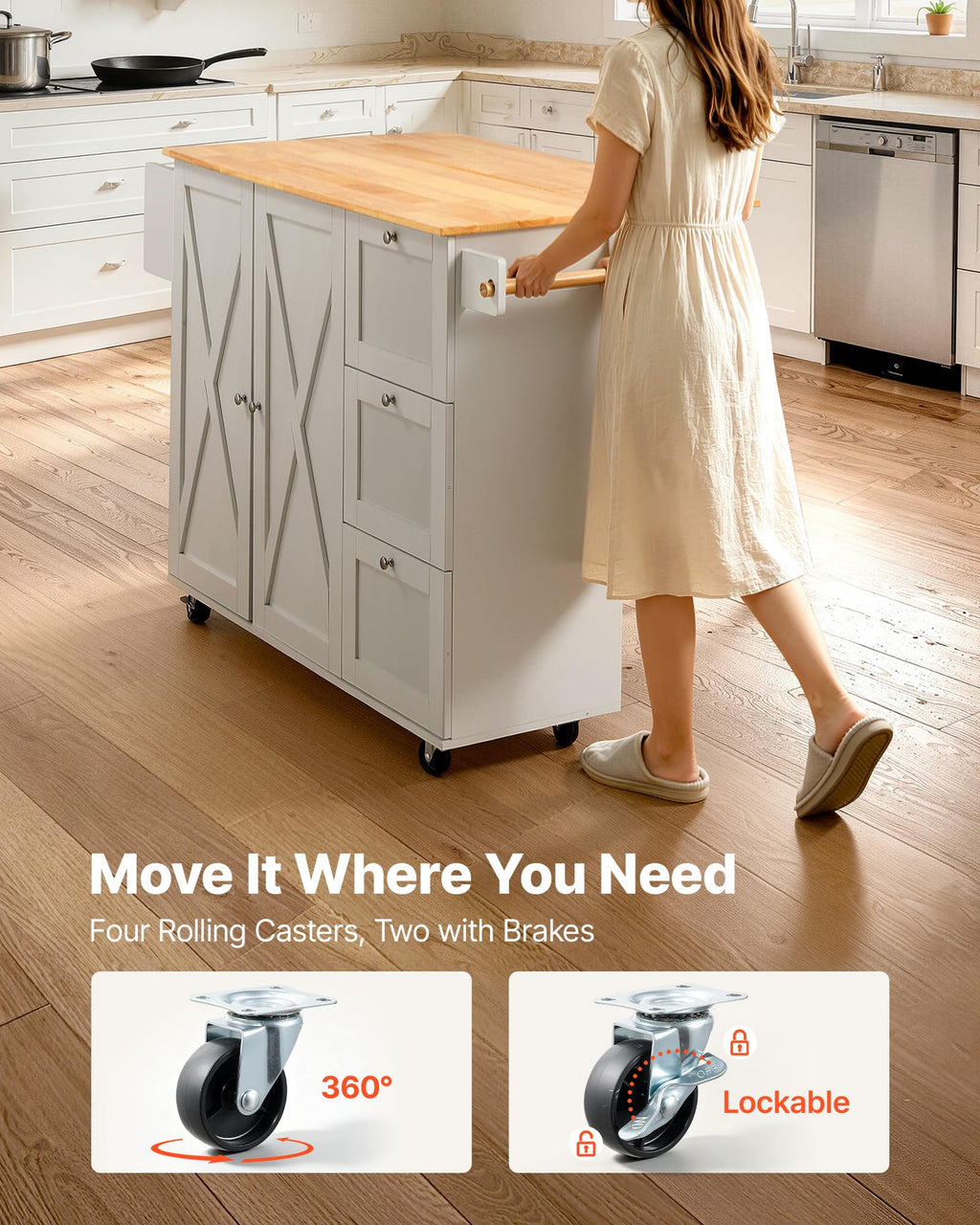 VEVOR Kitchen Island Cart with Storage, 47.64 in Wide Mobile Rolling Storage Island on Swivel Wheels, with 2 Drawers, Storage Cabinet, Drop Leaf, Towel Rack, Table for Home Dining Room, White