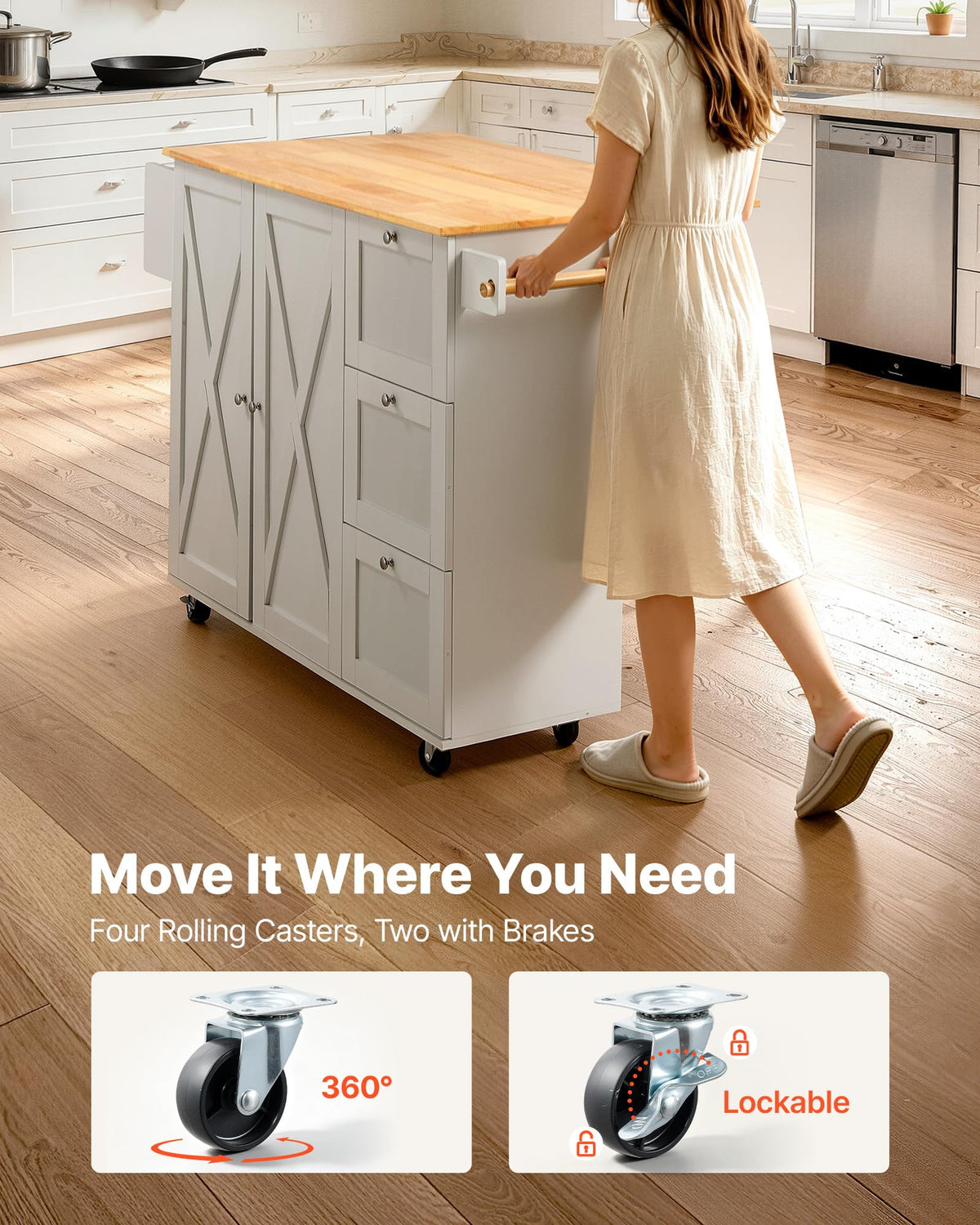VEVOR Kitchen Island Cart with Storage, 47.64 in Wide Mobile Rolling Storage Island on Swivel Wheels, with 2 Drawers, Storage Cabinet, Drop Leaf, Towel Rack, Table for Home Dining Room, White