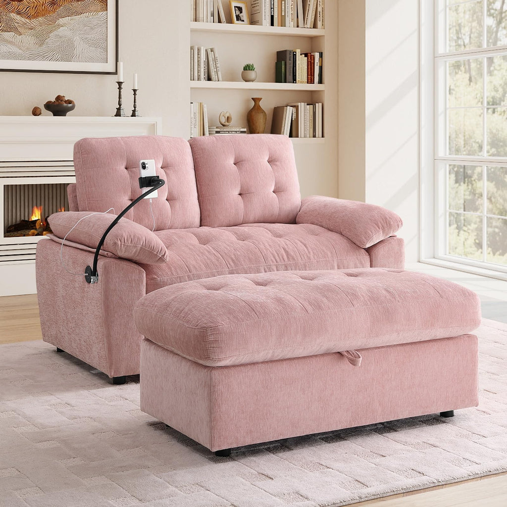 Oversized Chaise Lounge Chair Indoor, Single Convertible Recliner Reading Arm Sofa Chair W/Adjustable Backrest & Charging Port Couch Bed for Living Room, Home Theater & Bedroom, Brown