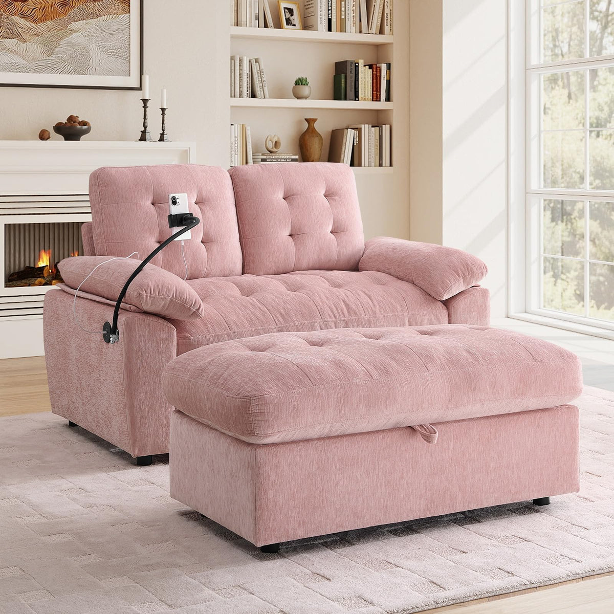 Oversized Chaise Lounge Chair Indoor, Single Convertible Recliner Reading Arm Sofa Chair W/Adjustable Backrest & Charging Port Couch Bed for Living Room, Home Theater & Bedroom, Brown
