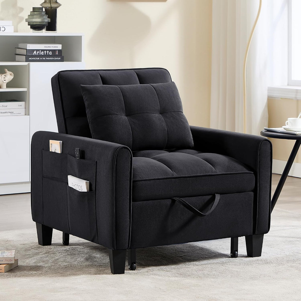 Convertible Sleeper Chair, 3 in 1 Sleeper Chair Bed Pull Out Sofa Bed Chairs, Single Sofa with Adjustable Backrest for Adults Reading Living Room, Bedroom, Black