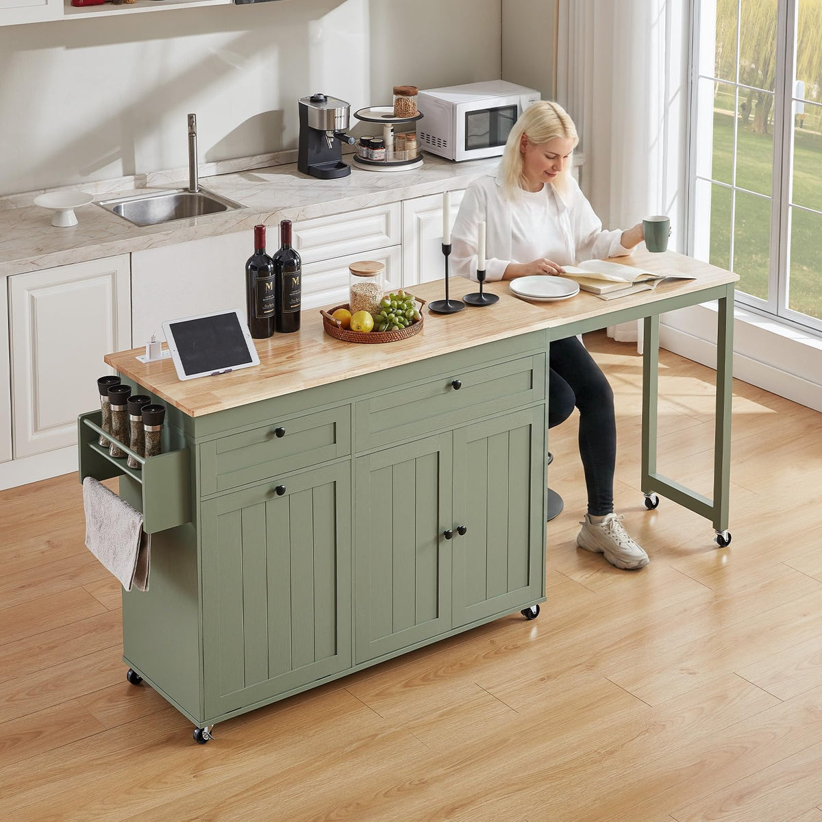Kitchen Islands with Extendable Dining Table, Mobile Storage Islands, White