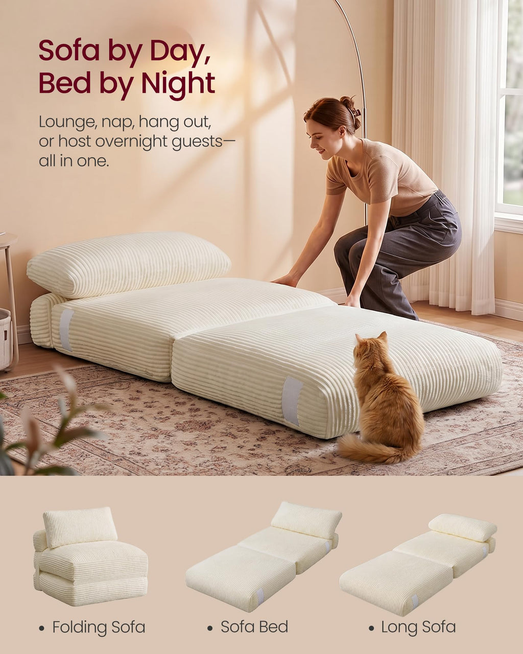 VASAGLE Folding Sofa Bed, Convertible Chair Bed with Pillow, Sleeper Chair