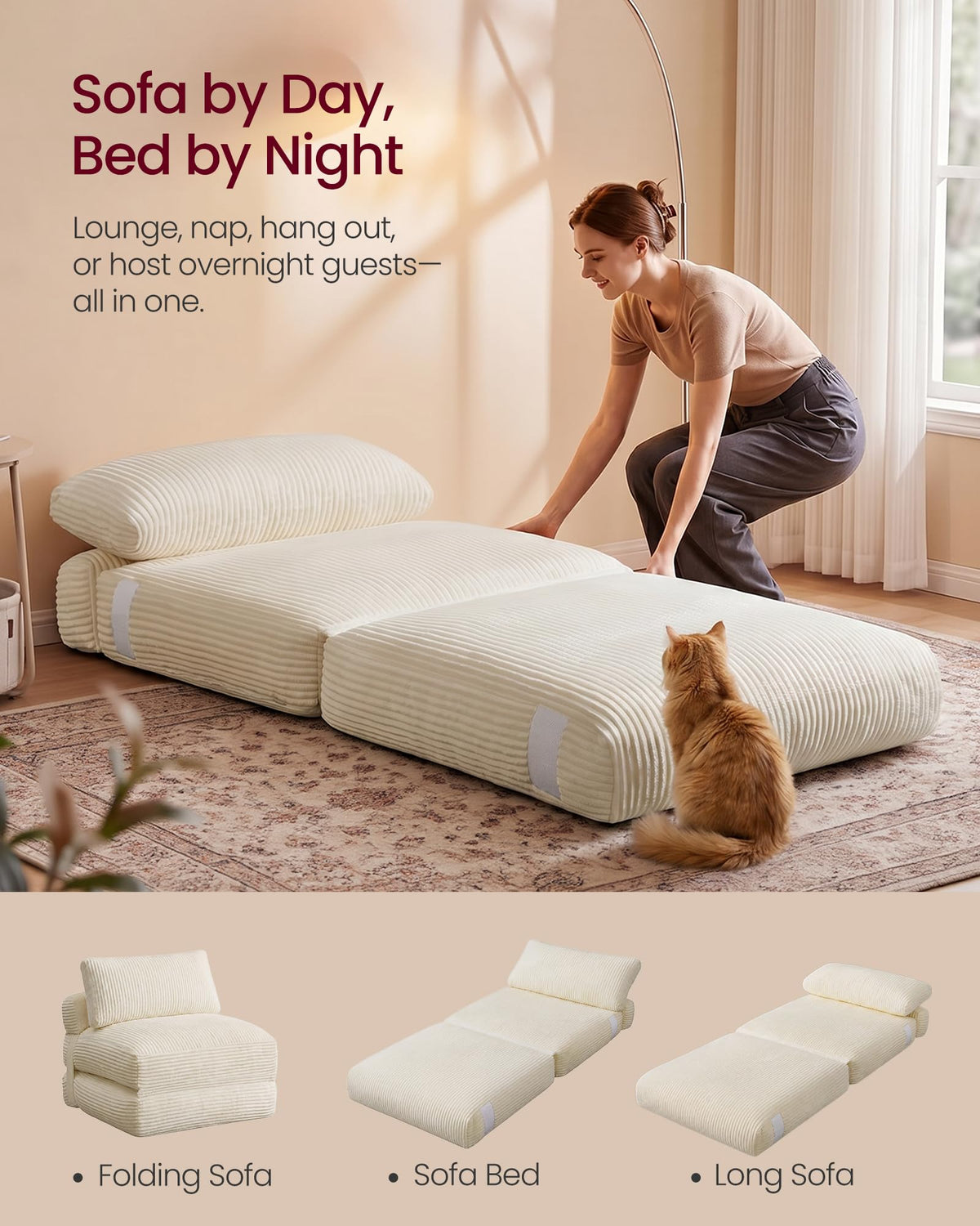 VASAGLE Folding Sofa Bed, Convertible Chair Bed with Pillow, Sleeper Chair