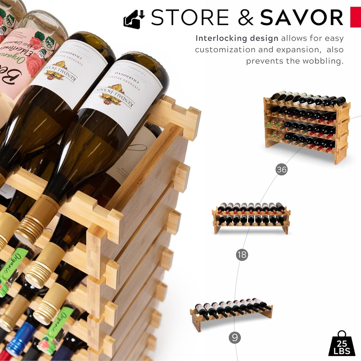 DECOMIL - 72 Bottle Stackable Modular Wine Rack Wine Storage Rack Solid Bamboo Wine Holder Display Shelves, Wobble-Free (Eight-Tier, 72 Bottle Capacity)