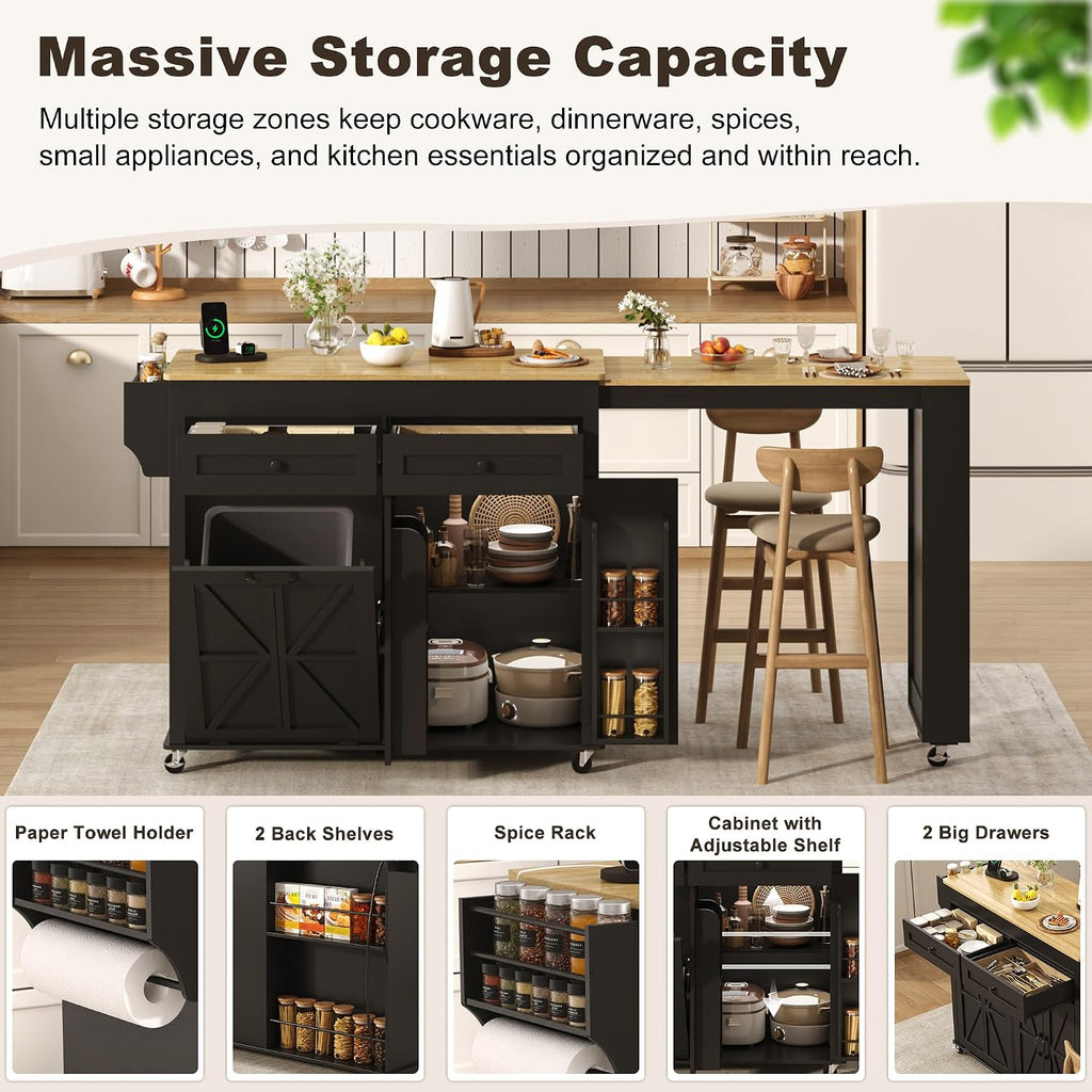 81.6"-51" Extendable Rolling Kitchen Island with Extended Dining Table & Power Outlet, Mobile Kitchen Storage Islands with Trash Cabinet, Large Islands Cart with Storage and 2 Seatings, Black